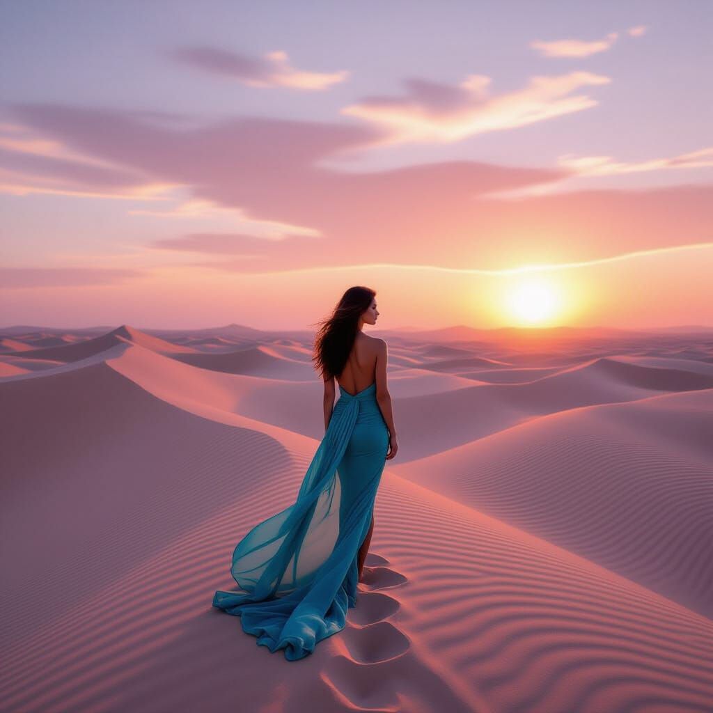 Sunset Sand Dunes with Woman in Teal Gauze