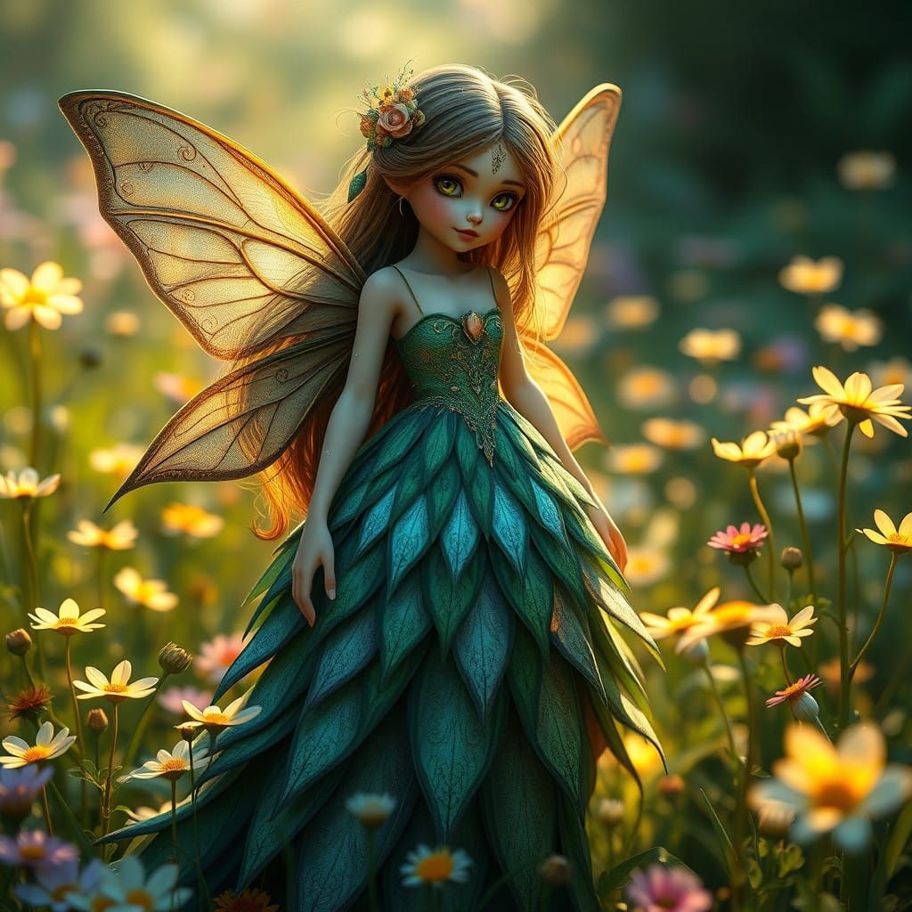 Whimsical Fairy in Lush Meadow with Glowing Wildflowers, in....