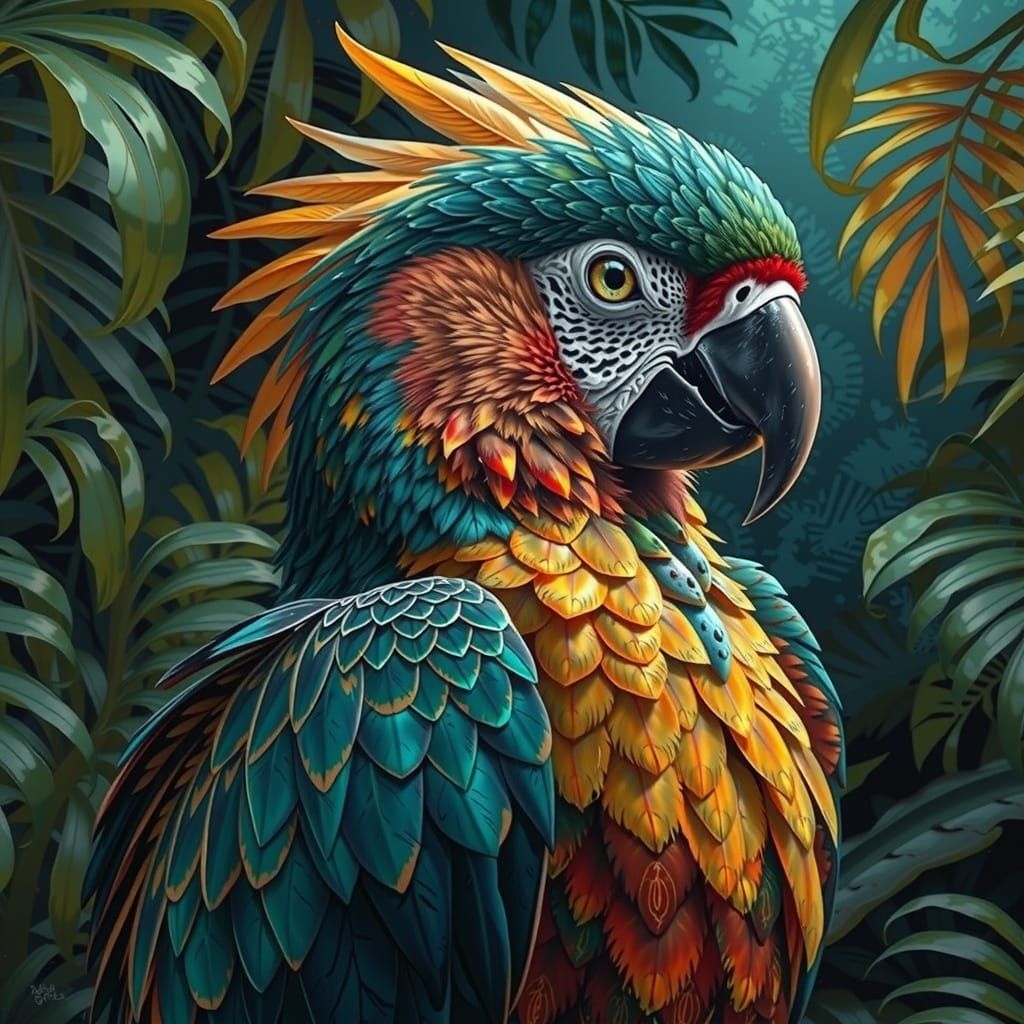 Exotic Parrot's Head in Vibrant, Teal, Yellow, and Reddish-O...