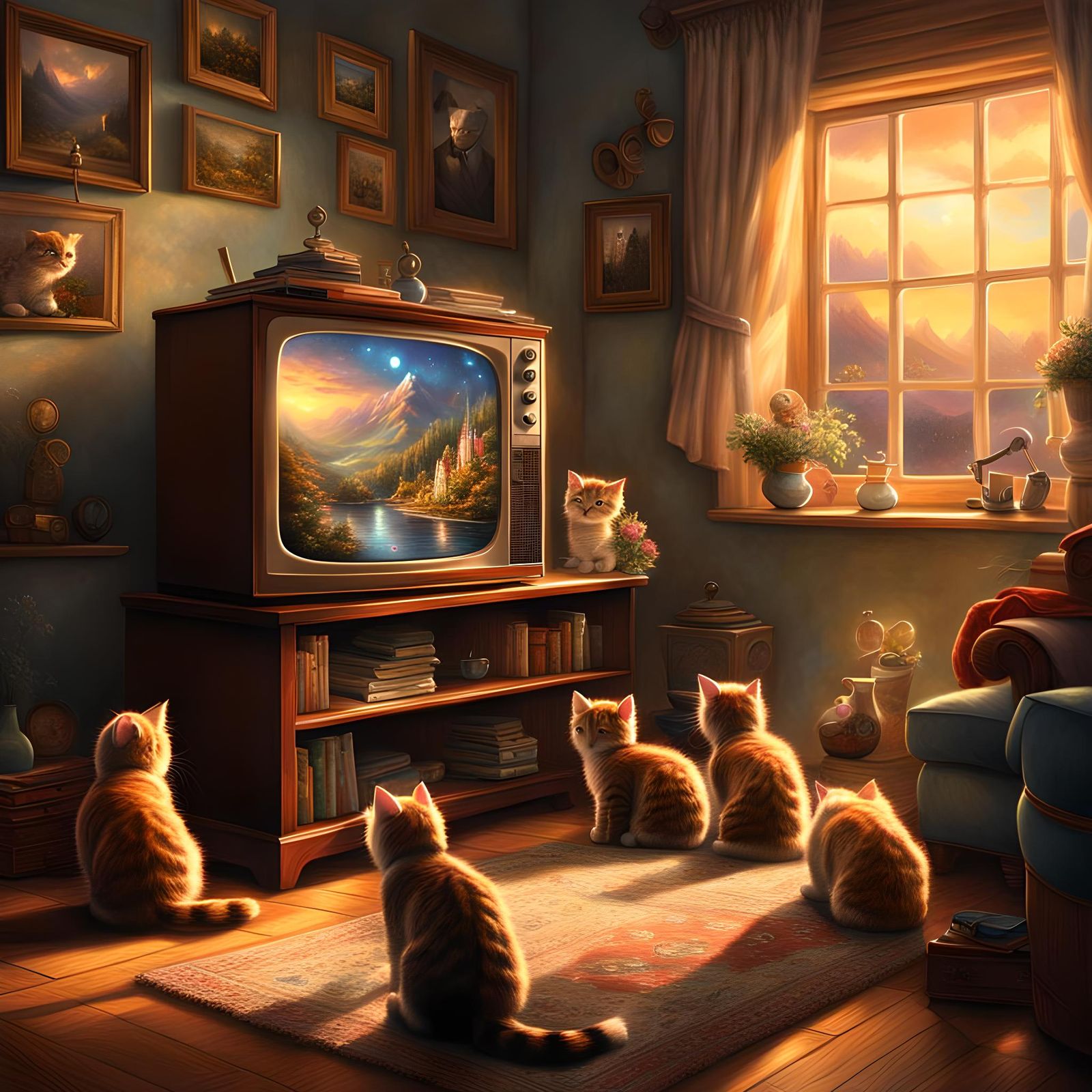 Tabby Kittens Watch Cartoons: Retro Kinkade Illustration