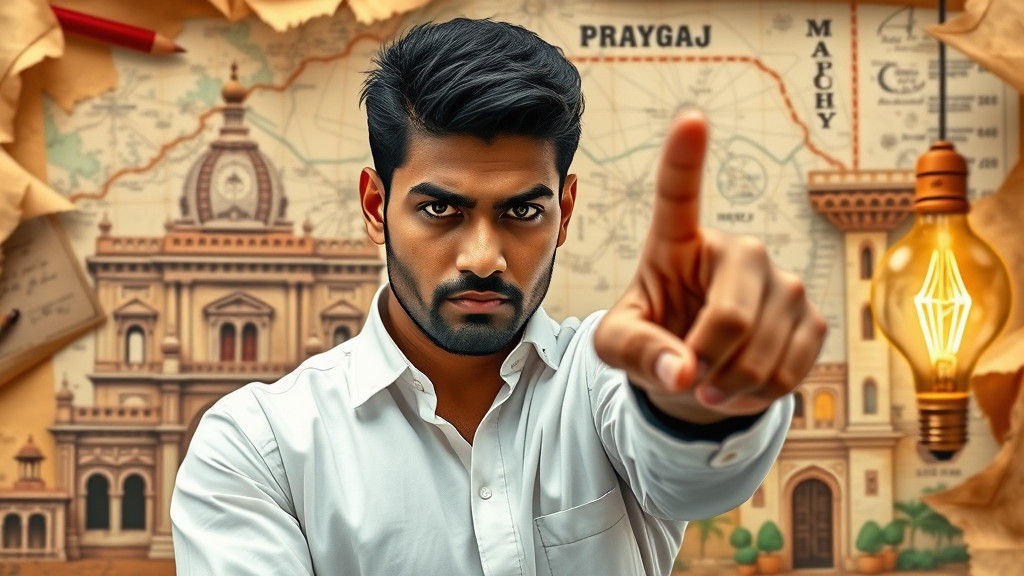 Intricate Origami Collage: Confident Indian Man Points