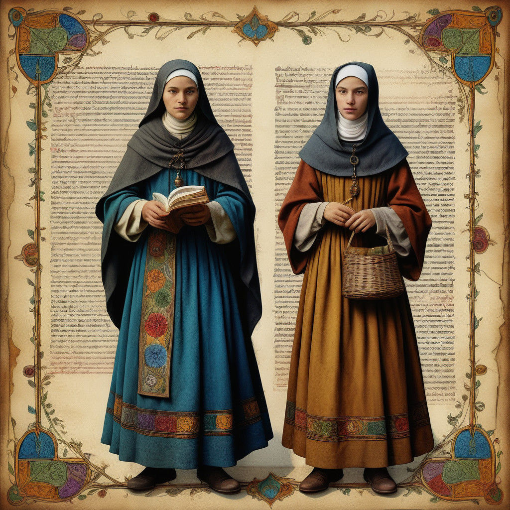 Medieval Pilgrim Monk and Sister Illuminated in Vibrant Colo...