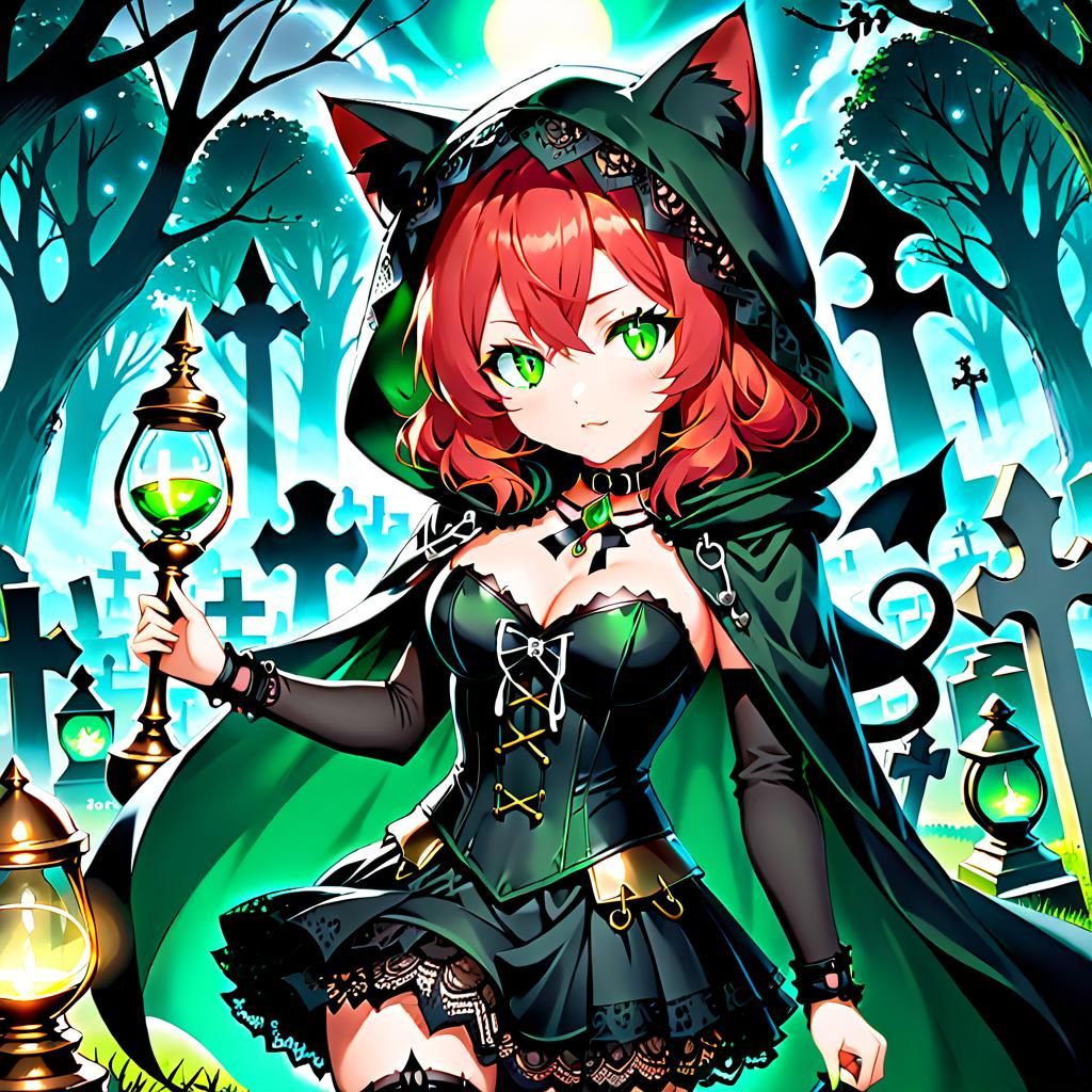 Red-Haired Nekomimi Wielding Magic in Anime Style