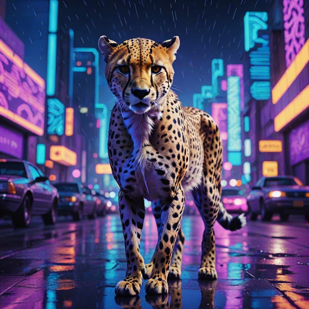 Geometric Cheetah in Retro-Futuristic Cityscape