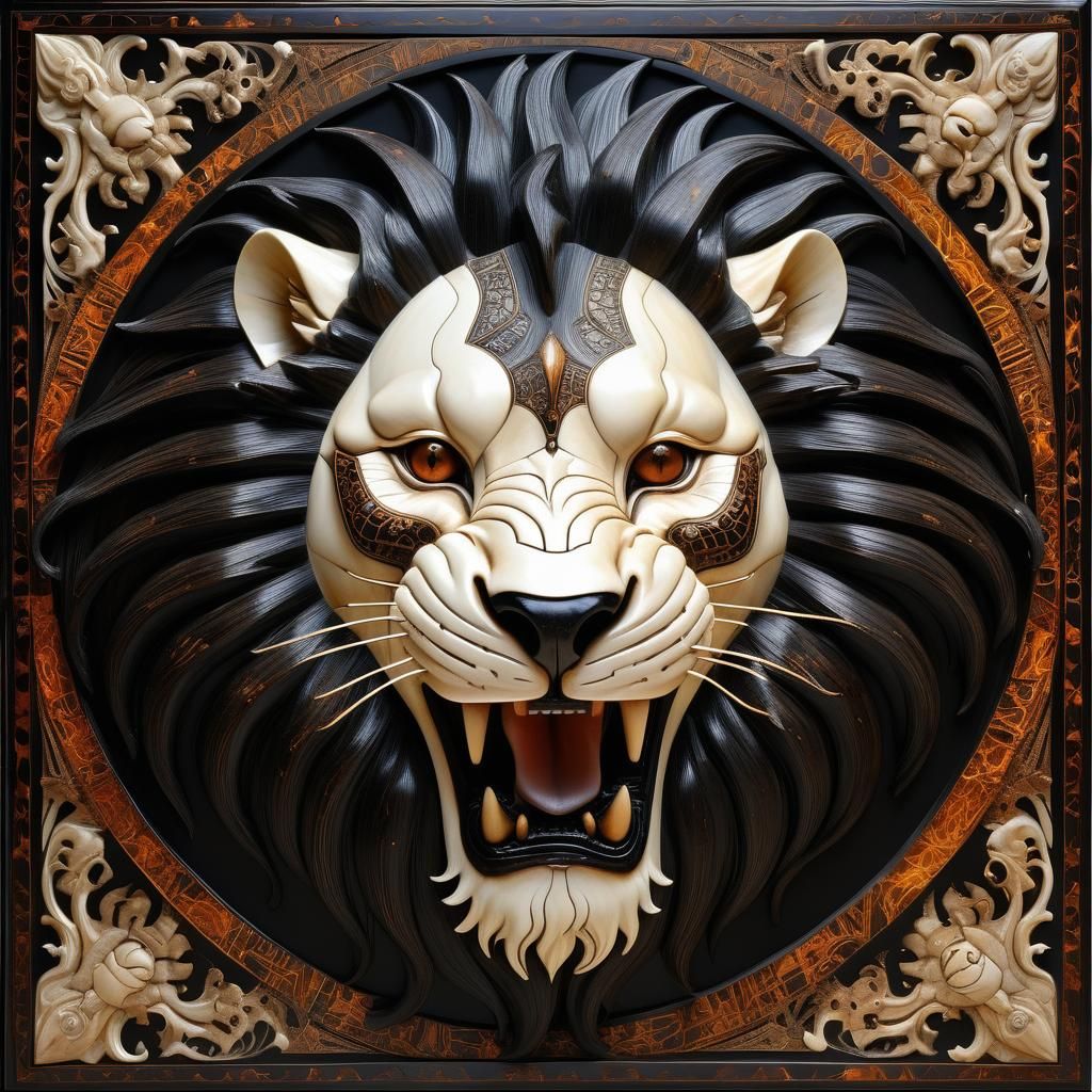 Roaring Lion Face Inlaid in African Blackwood