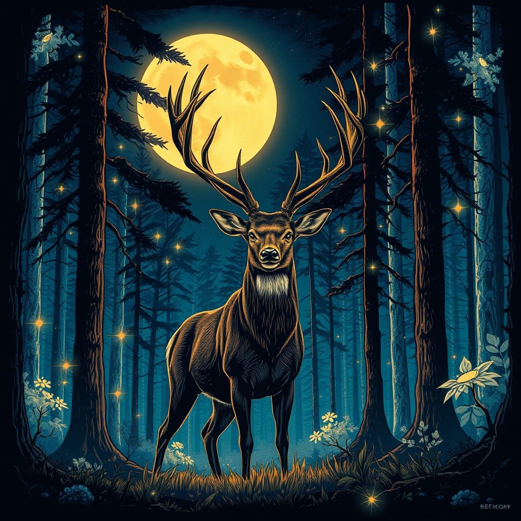 Majestic Buck in Luminous Moonlit Forest
