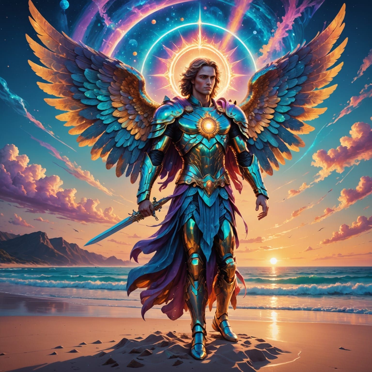 Archangel Ascends at Dawn in Cosmic Holographic Art