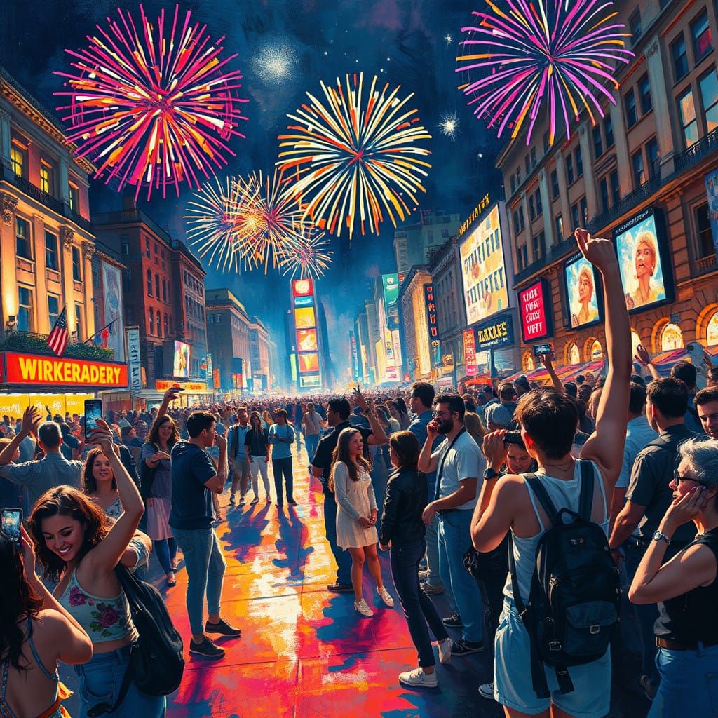 bustling celebration scene, with people cheering as fireworks light up the night