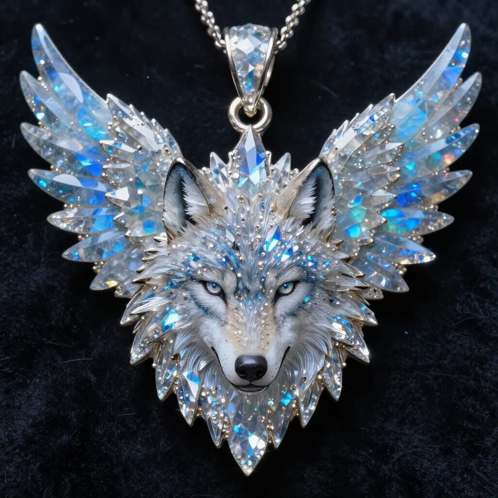 Magical Wolf Pendant with Translucent Opal Wings