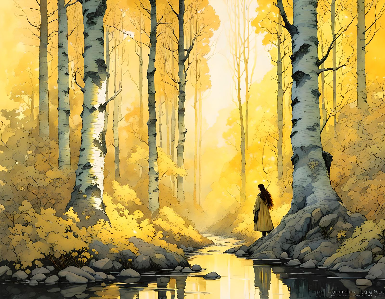 Mystical Yellow Birch Forest in Watercolor Style