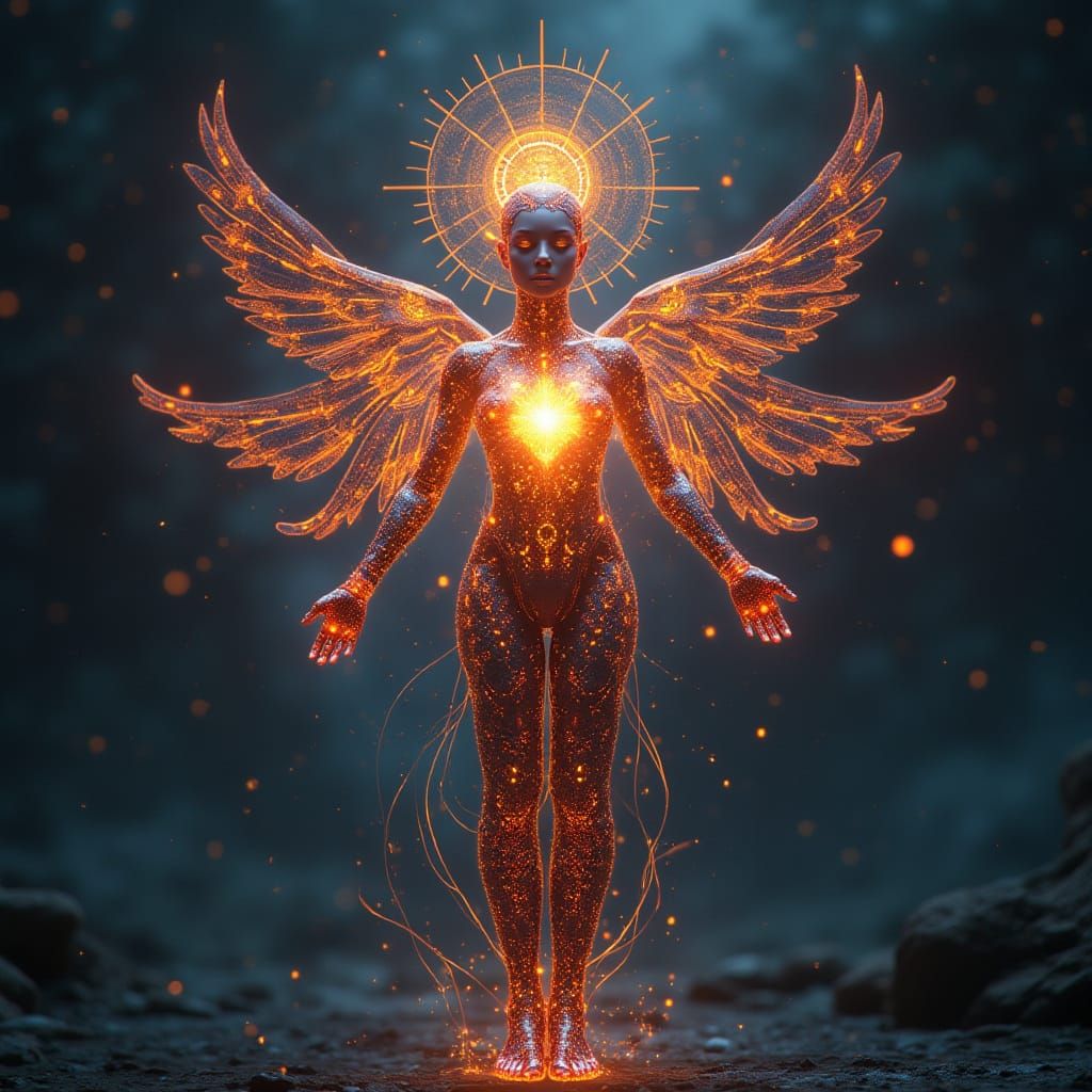 Cyber Goddess with Lotus Fire in Cyberpunk Style