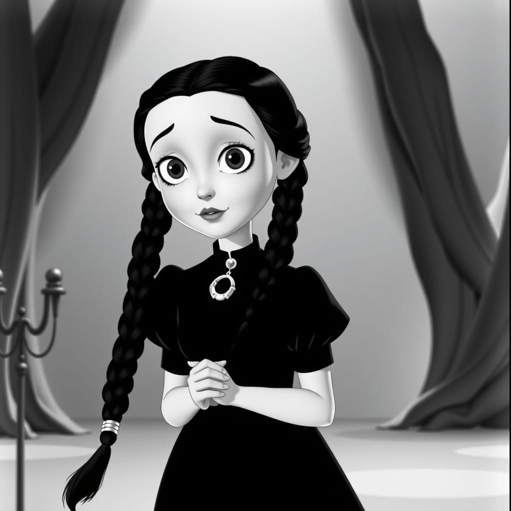 Wednesday Addams in 1940s Princess Iron Fan Animation Style