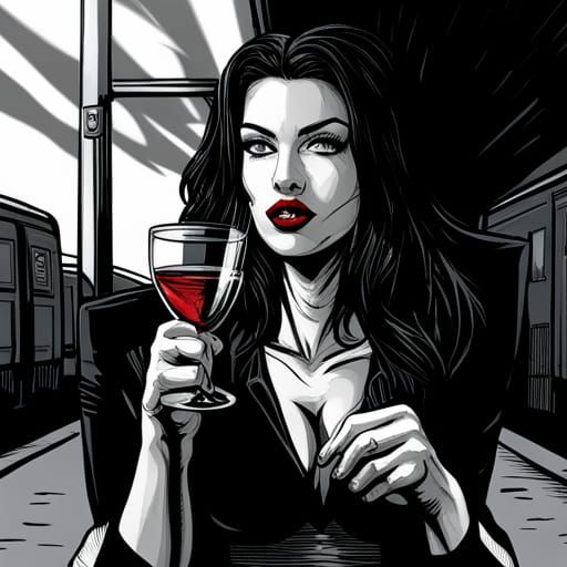 Black-Haired Woman on Train Platform in Noir Comic Style