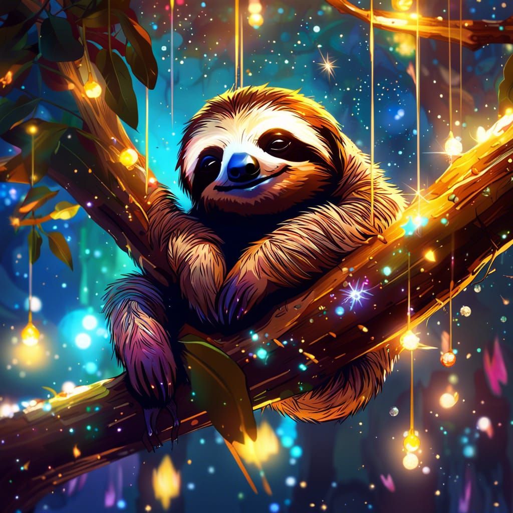 Adorable Sloth Cub Sleeping in Luminous Forest