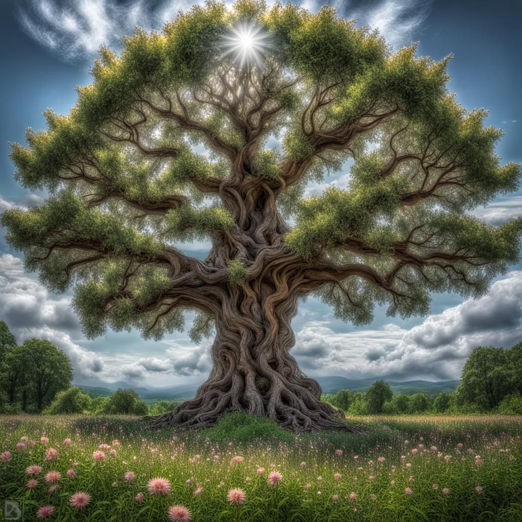Gaia and the Tree of Wisdom: Hyperrealistic Summer Bloom