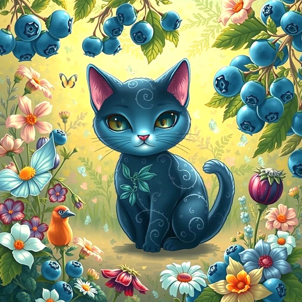 Blue Cat Embarks in Vibrant Blueberry Garden