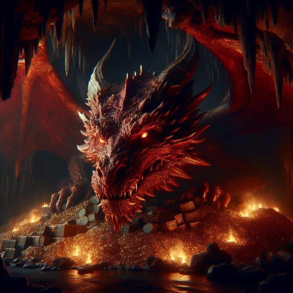 Hyperrealistic Red Dragon on Treasure Horde