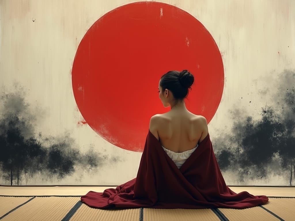 Woman in Burgundy Kimono Against Red Japan Backdrop