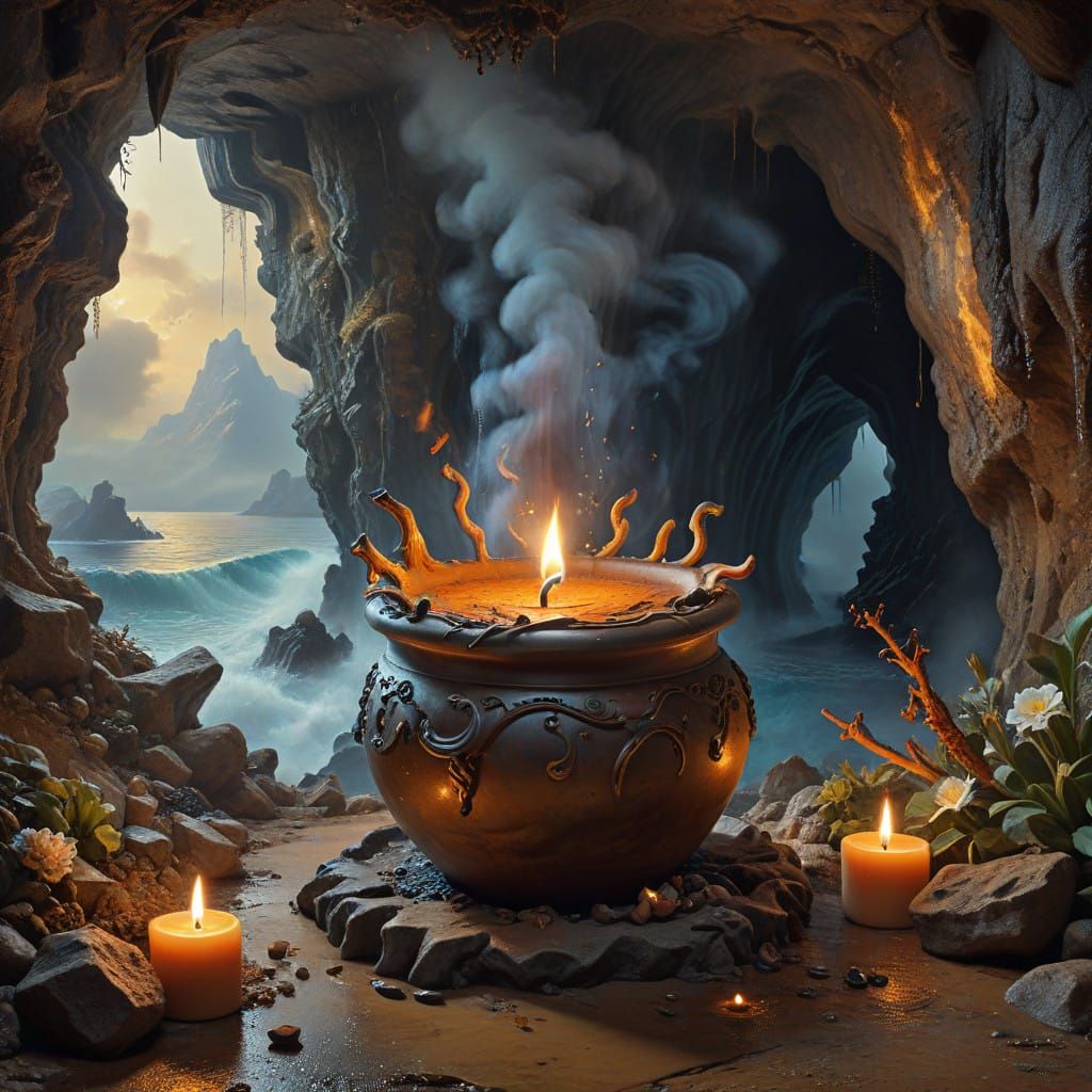 A ceremonial cave lit by the flicker of wax candles. Licorice root and exotic spices simmer in a clay pot, filling the a...