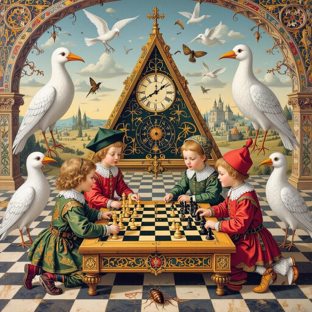 Medieval Chess Game in Renaissance Surrealist Style
