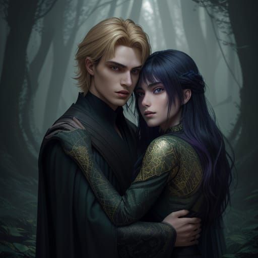 Modern Vampires Embracing in Mystical Forest