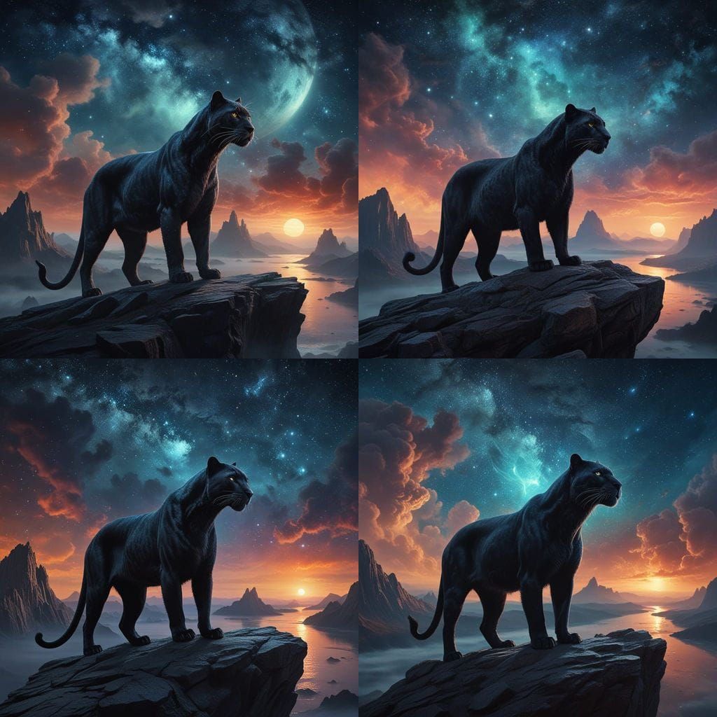 Starry Night Panther on Cliff Overlooking Nebula