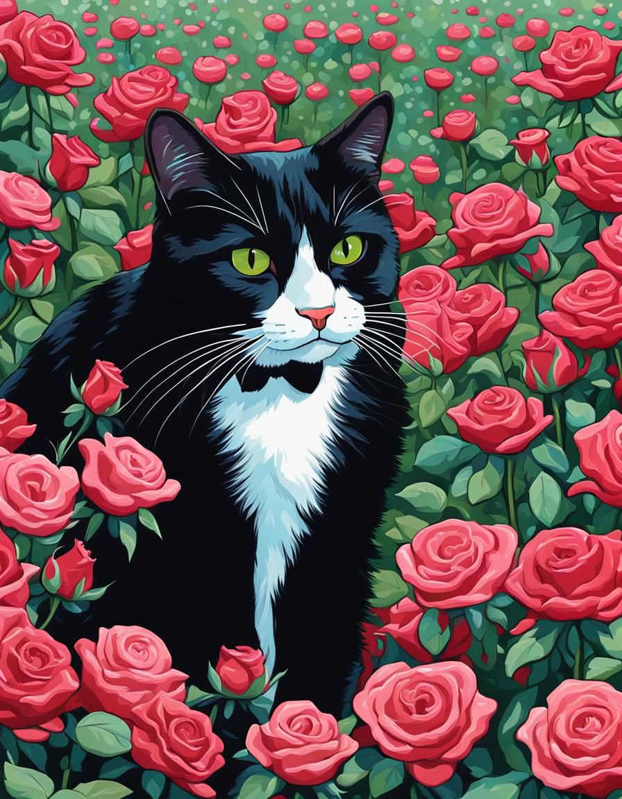 Tuxedo Cat in Roses, Pop Art Gouache