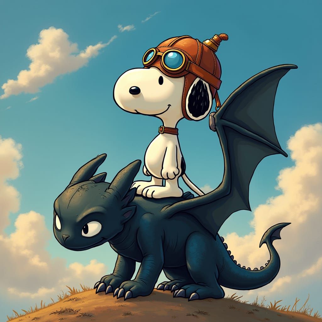 Snoopy and Toothless in Dreamlike Flight