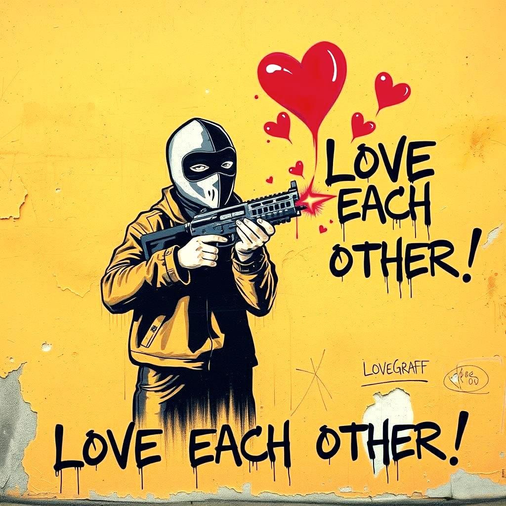 Banksy Style Graffiti Art: Love Each Other