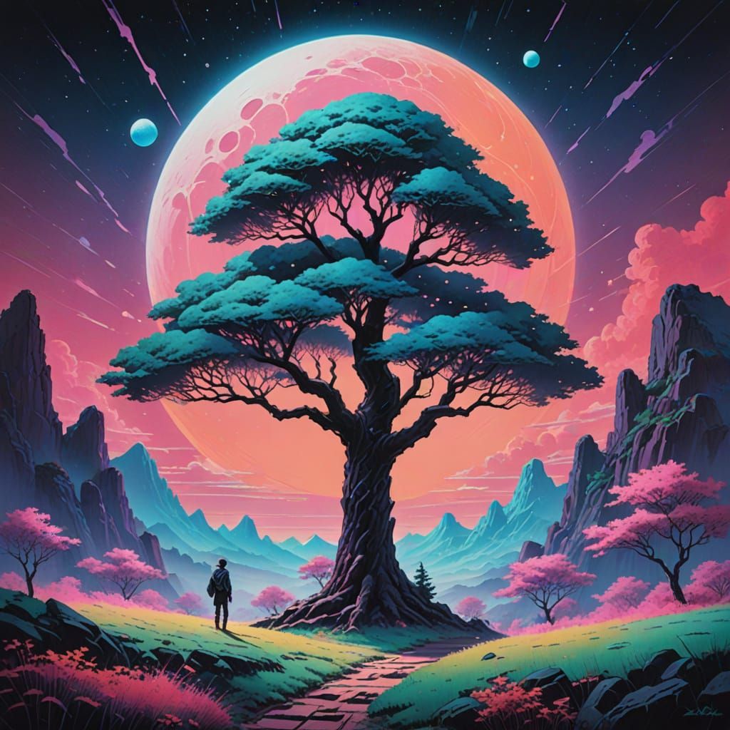 Dreamlike Landscape with Crystalline Trees and Two Moons