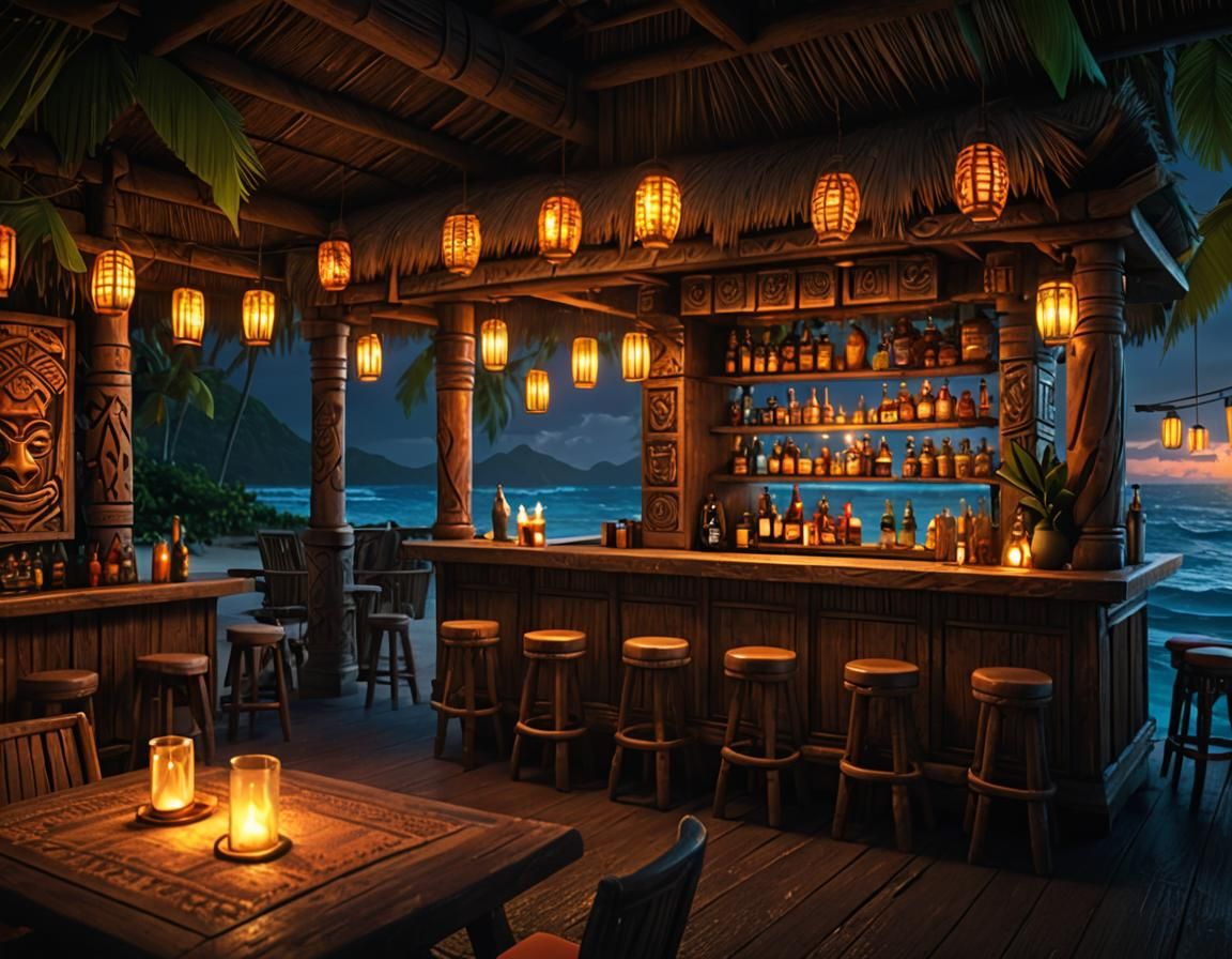 Candlelit Tiki Bar in Cyclone, Digital Matte Painting