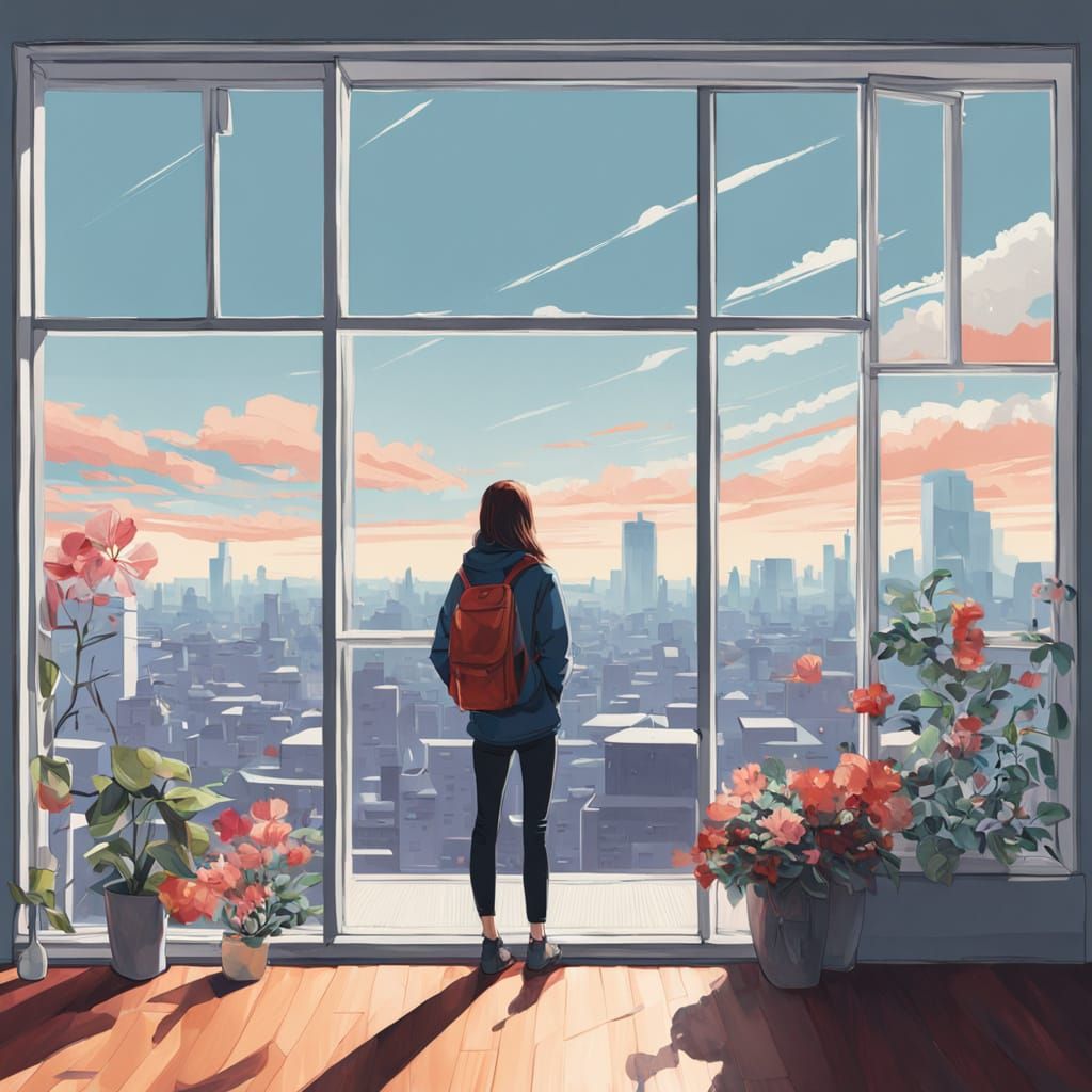 Interior view from a young woman standing by the window, looking at the distant city scape.