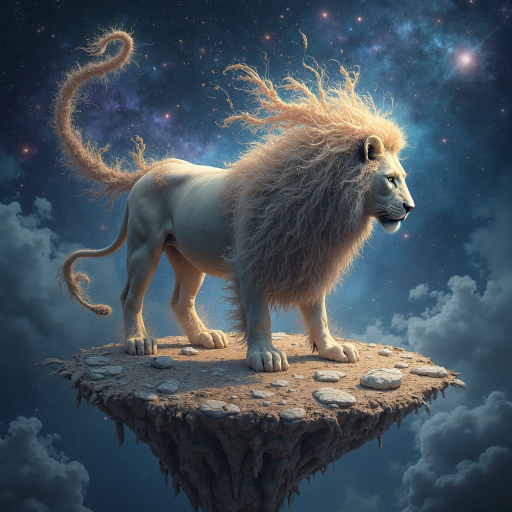 Cosmic Lion Merging with Nebulae in Surreal Style
