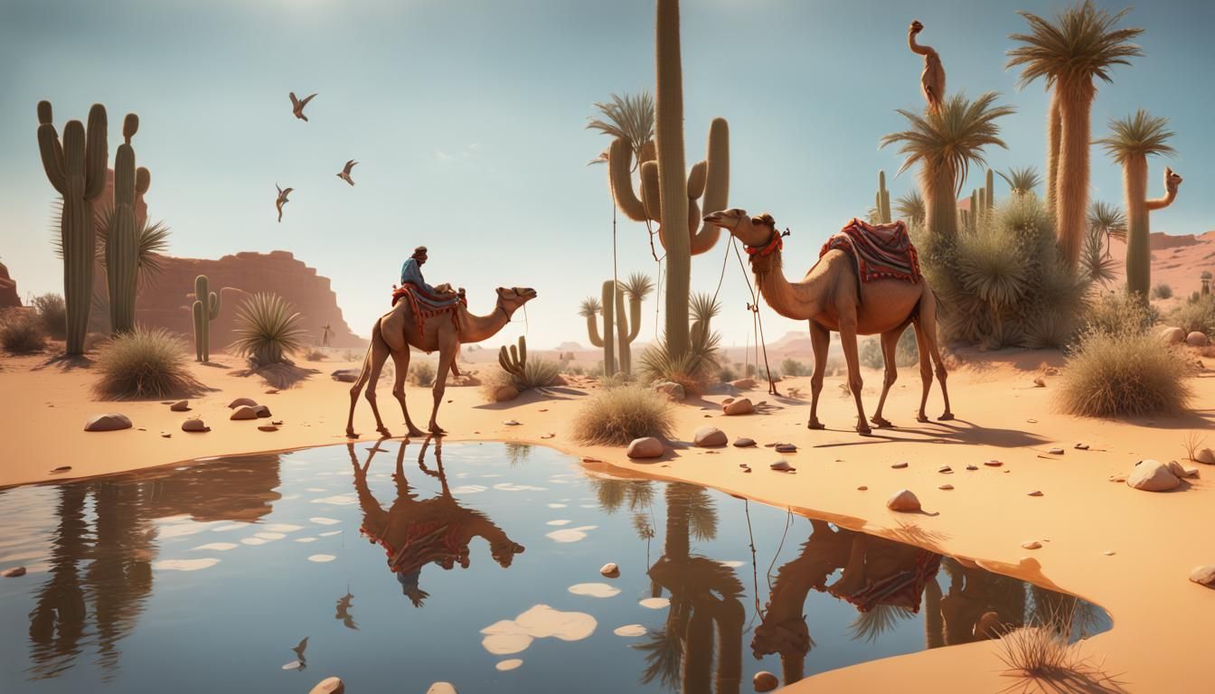 Oasis, Siva, reflections, camels drinking water,  birds flyi...