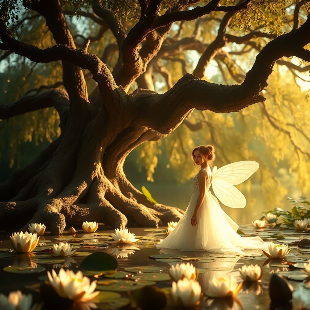 Ethereal Fairy Settles Under Ancient Tree