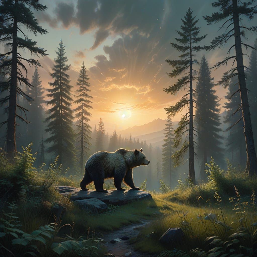 Surreal Bear in Ethereal Forest Clearing During Total Solar ...