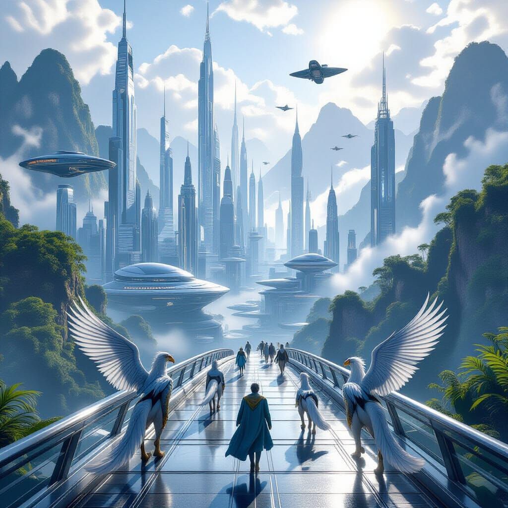 Futuristic Cityscape with Gryphons in Misty Mountains