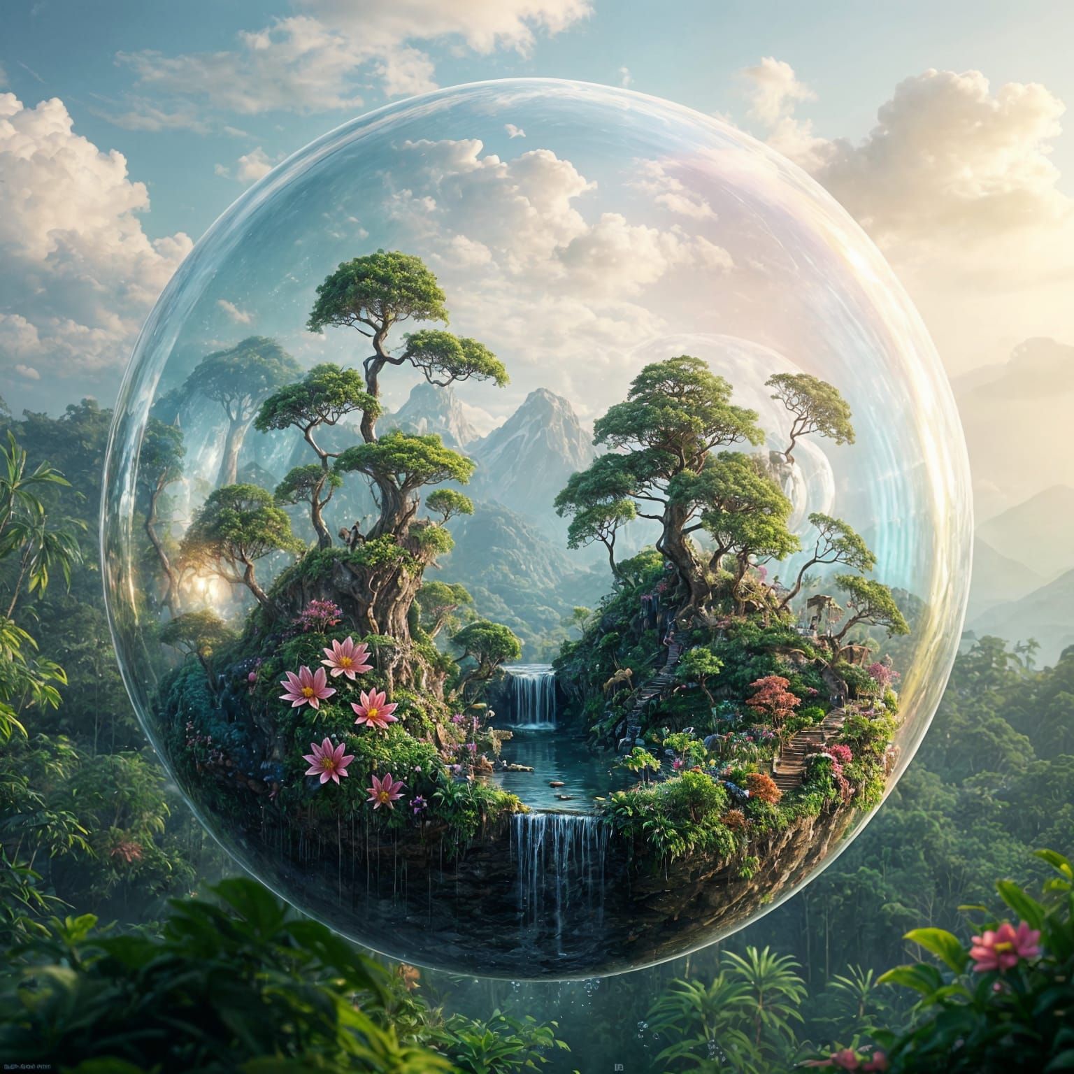 Miniature Jungle World Inside Iridescent Soap Bubble