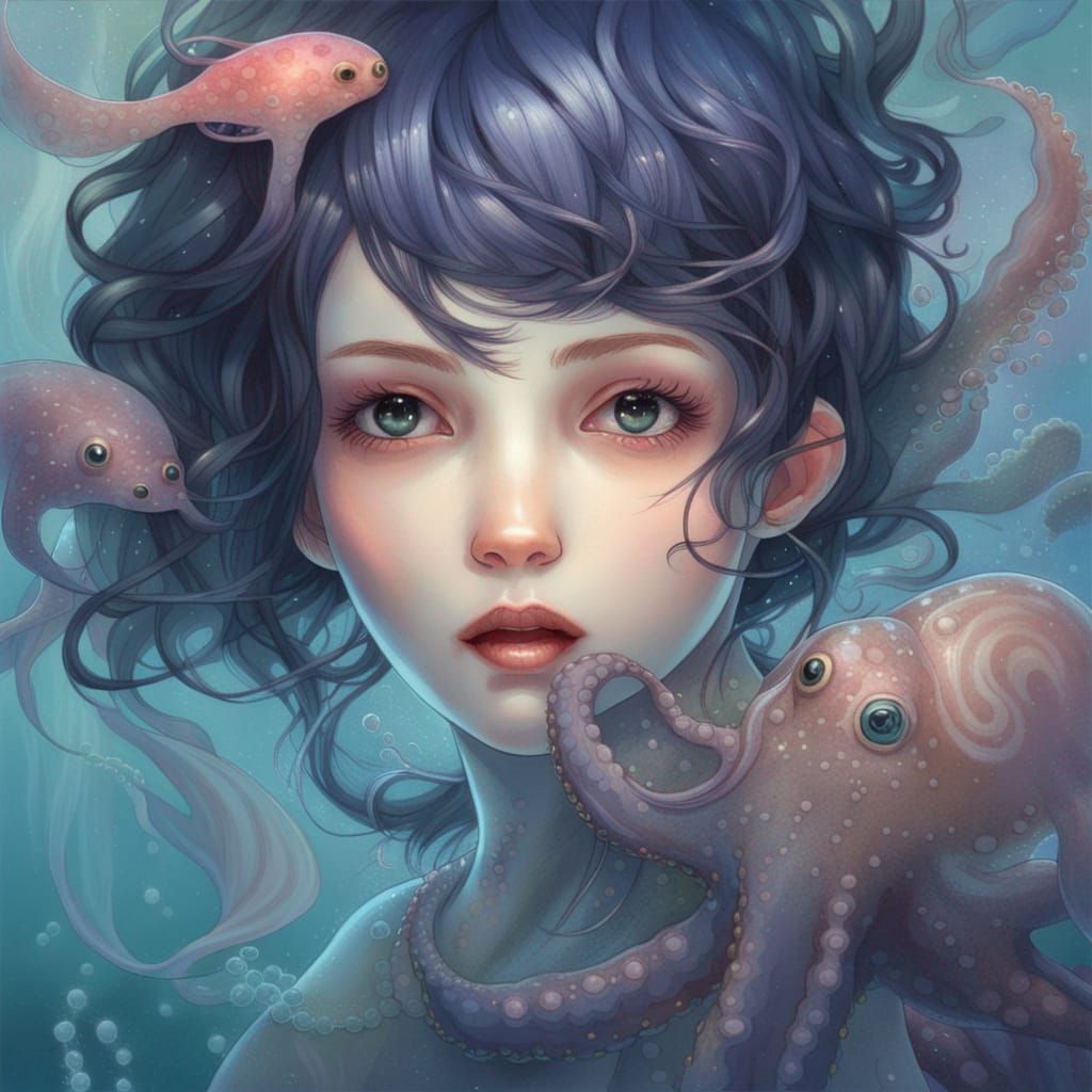 Enchanting Dark Mermaid with Octopus, Hyperdetailed Illustra...
