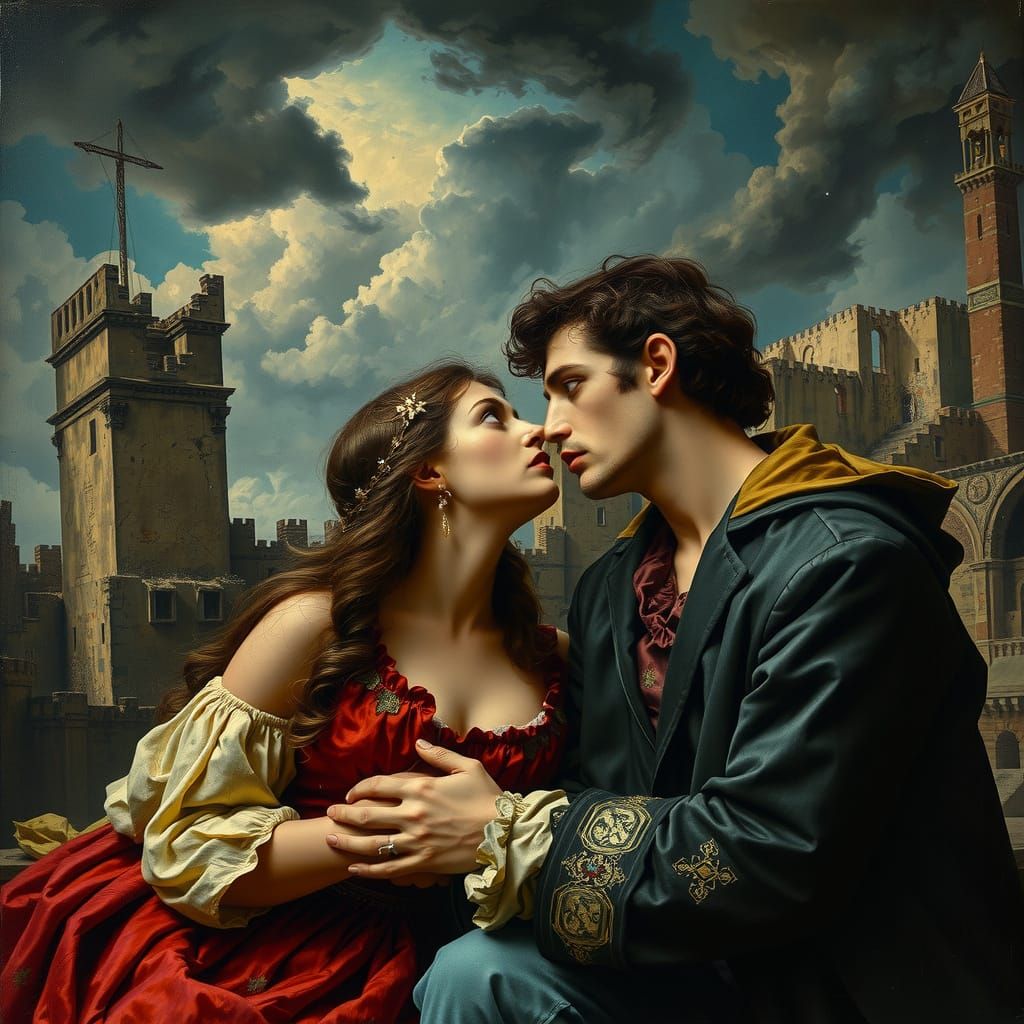 Tragic Star-Crossed Lovers in a Dark, Dramatic Landscape