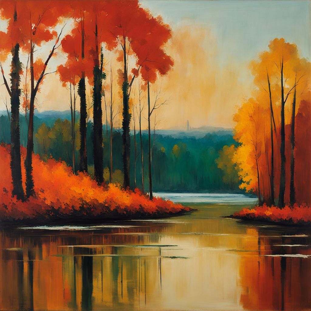 Autumn River Landscape in Abstract Style