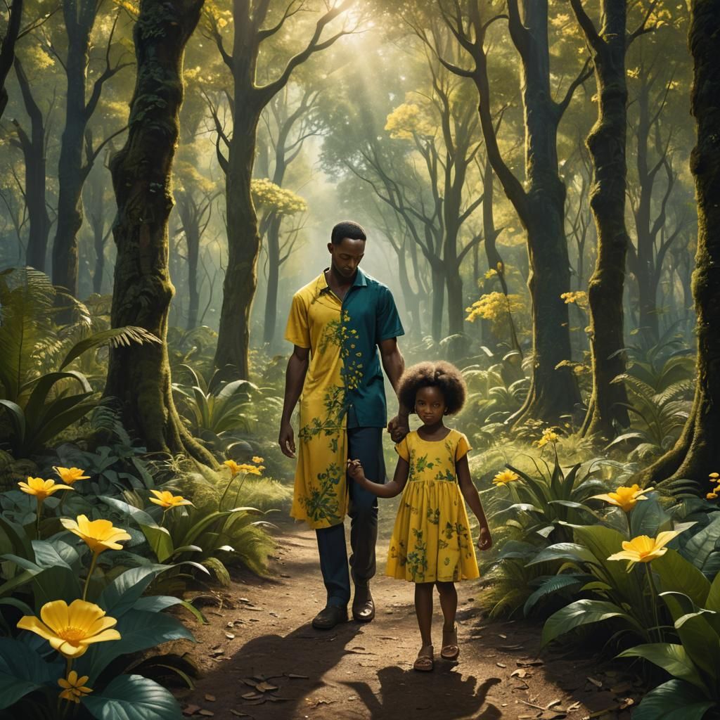 Family in Forest: Fantasy Art in Vivid Colors