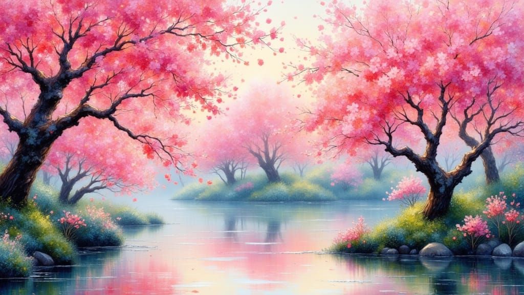 Serene Japanese Garden with Vibrant Cherry Blossoms
