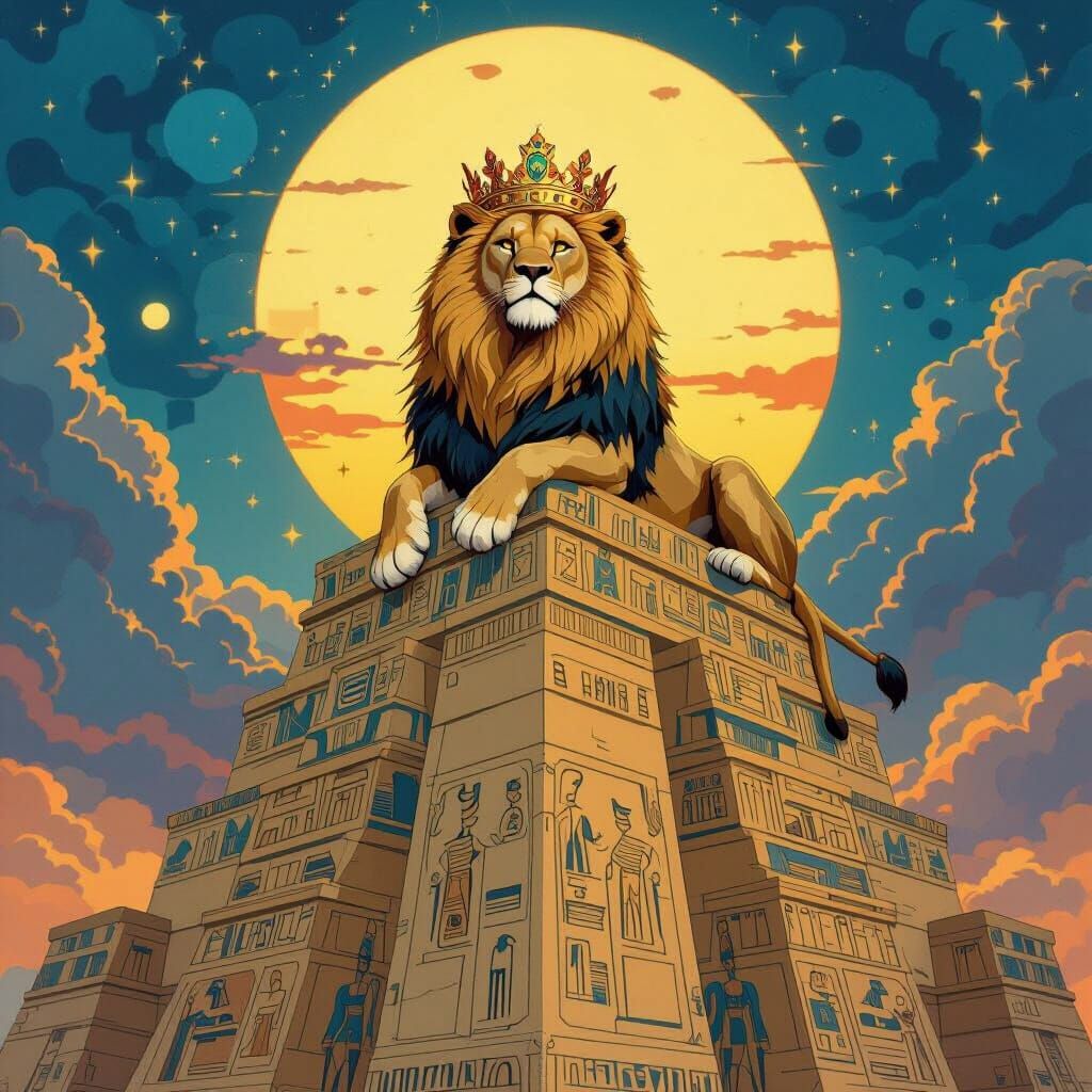 Lion King on Ziggurat in Cosmic Surrealism Style