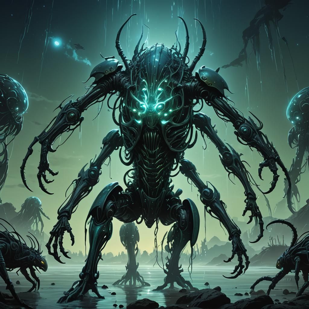 large, predatory creatures standing about 8-9 feet tall, with long, spindly limbs and a sleek, black exoskeleton-like ar...