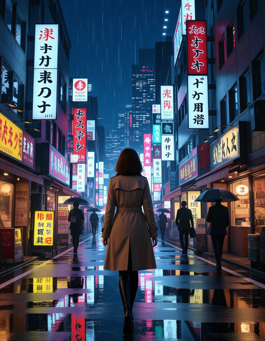 Rainy Tokyo Street Scene in Digital Painting Style