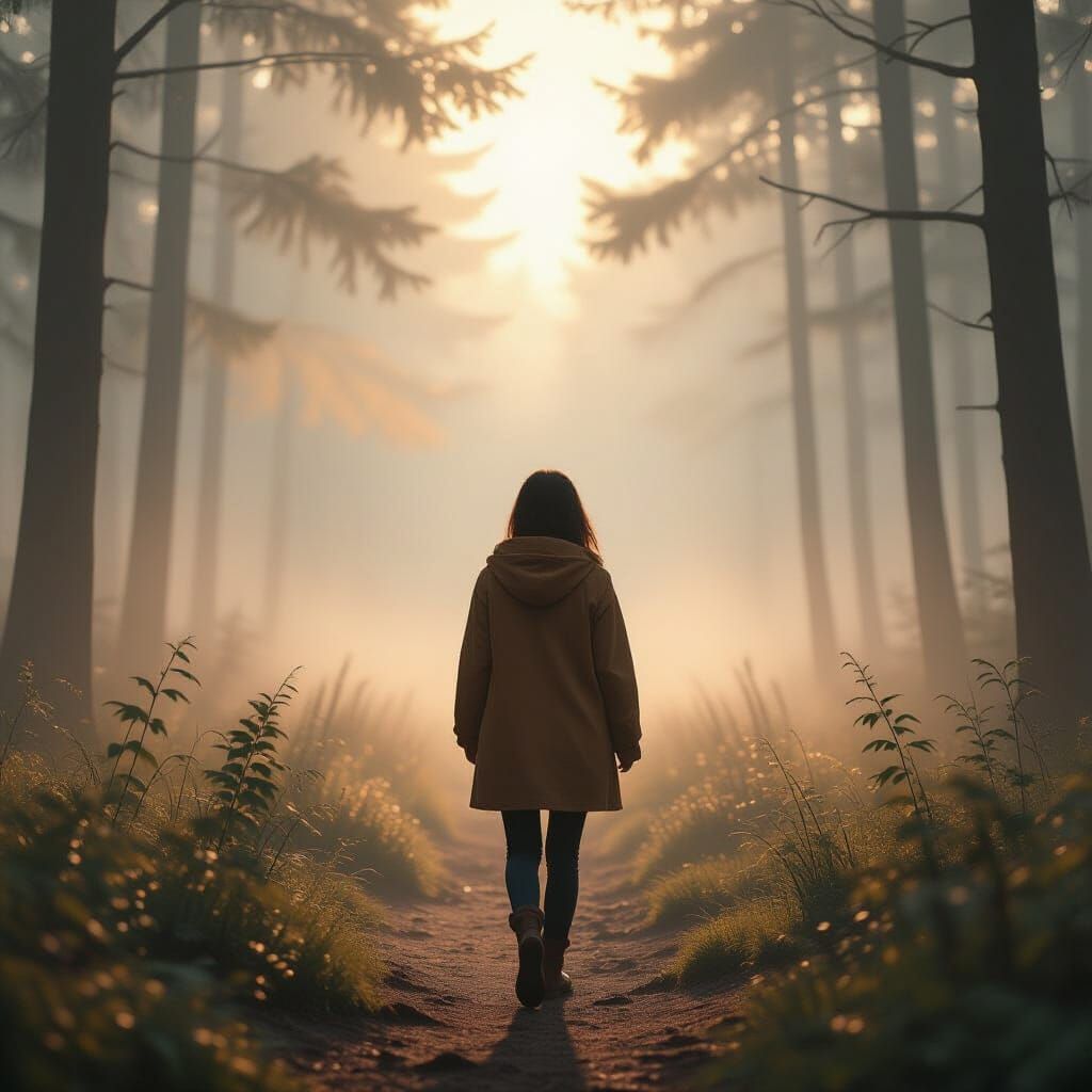 Misty Forest Dawn: Serene Back View in Anime Style