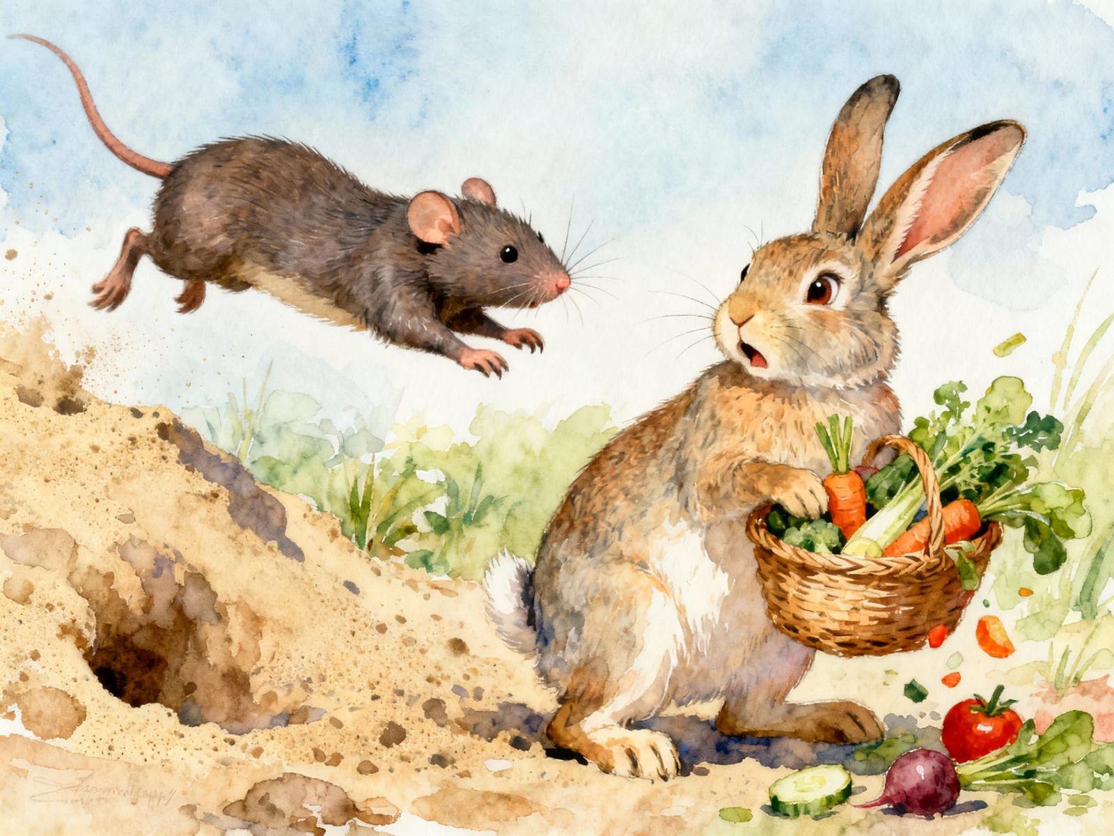 Vibrant Watercolor of Rabbit and Molerat Scuffle