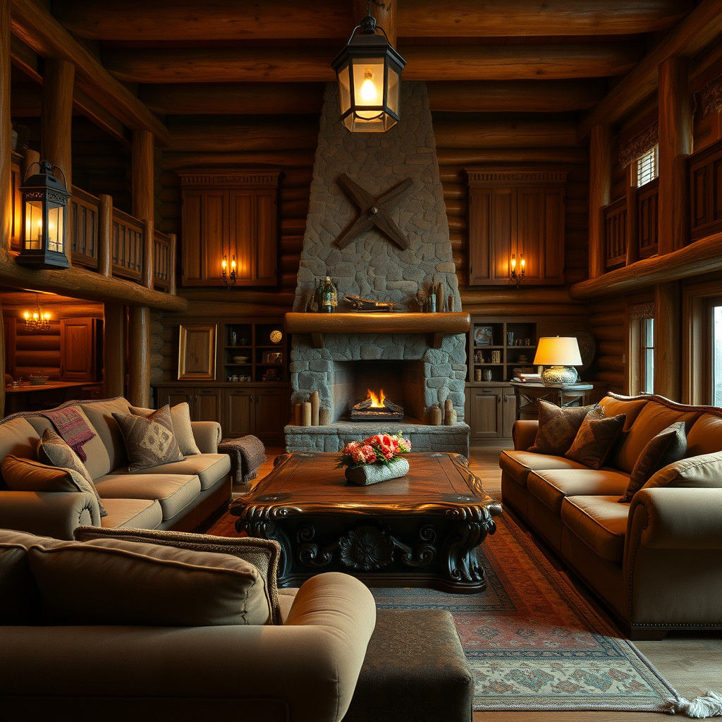 Cozy Rustic Cabin Den with Fireplace