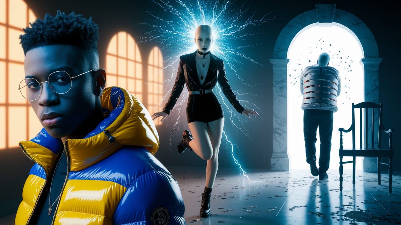 Mysterious Figure in Futuristic Streetwear Meets Gothic Dark...